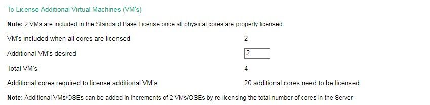 In today’s example, we need to license a total of 4 VMs. Because licensing for 2 VMs is included in the Standard Base License (once all of the physical cores are licensed), we will require licensing for 2 additional VMs.