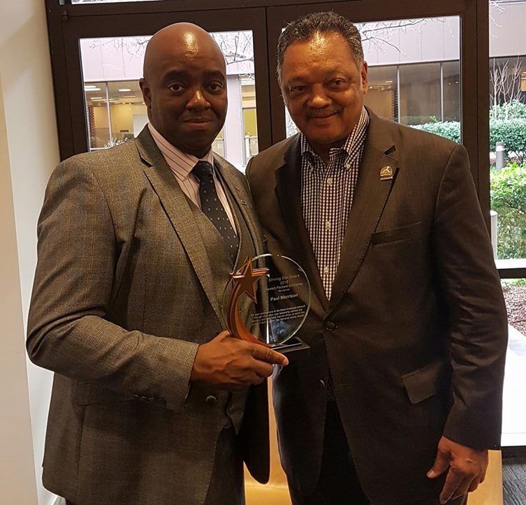 Paul Morrison and Reverend Jesse Jackson , at the 2017 Black History Month program at HPE HQ