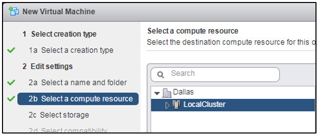 DRS Set to Fully Automated: The VMware cluster is selected as the compute resource. DRS automatically selects an ESXi server to run the VM.