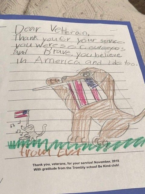 A thank you note written by an elementary student for Veterans Day.