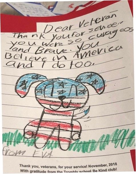 Veterans Day Card  created by elementary school student in Detroit area and given to a Veteran patient during annual Home of the Brave Campaign support of John Dingell VA Medical Center in Detroit
