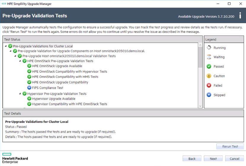 HPE SimpliVity pre-upgrade validation test view