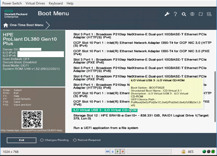 isoファイルがマウントされているiLO Virtual USBCD-ROMを指定