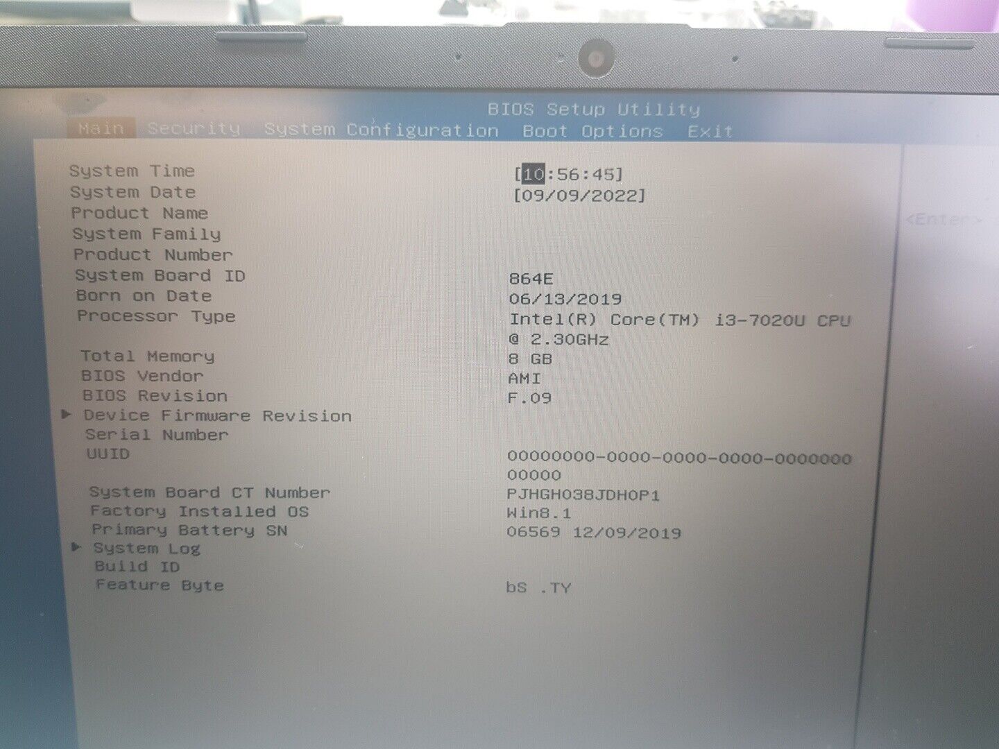 blank serial number, UUID, Firmware revision Hewlett Packard