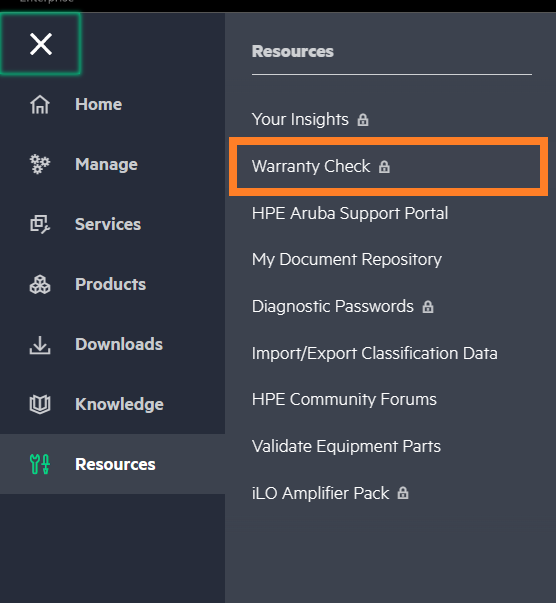 Warranty Check side menu