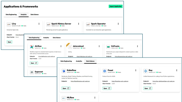 Figure 2. A sampling of the open source tools integrated into HPE Ezmeral Unified Analytics Software. These tools are segmented by data analytics, data engineering, and data science categories.