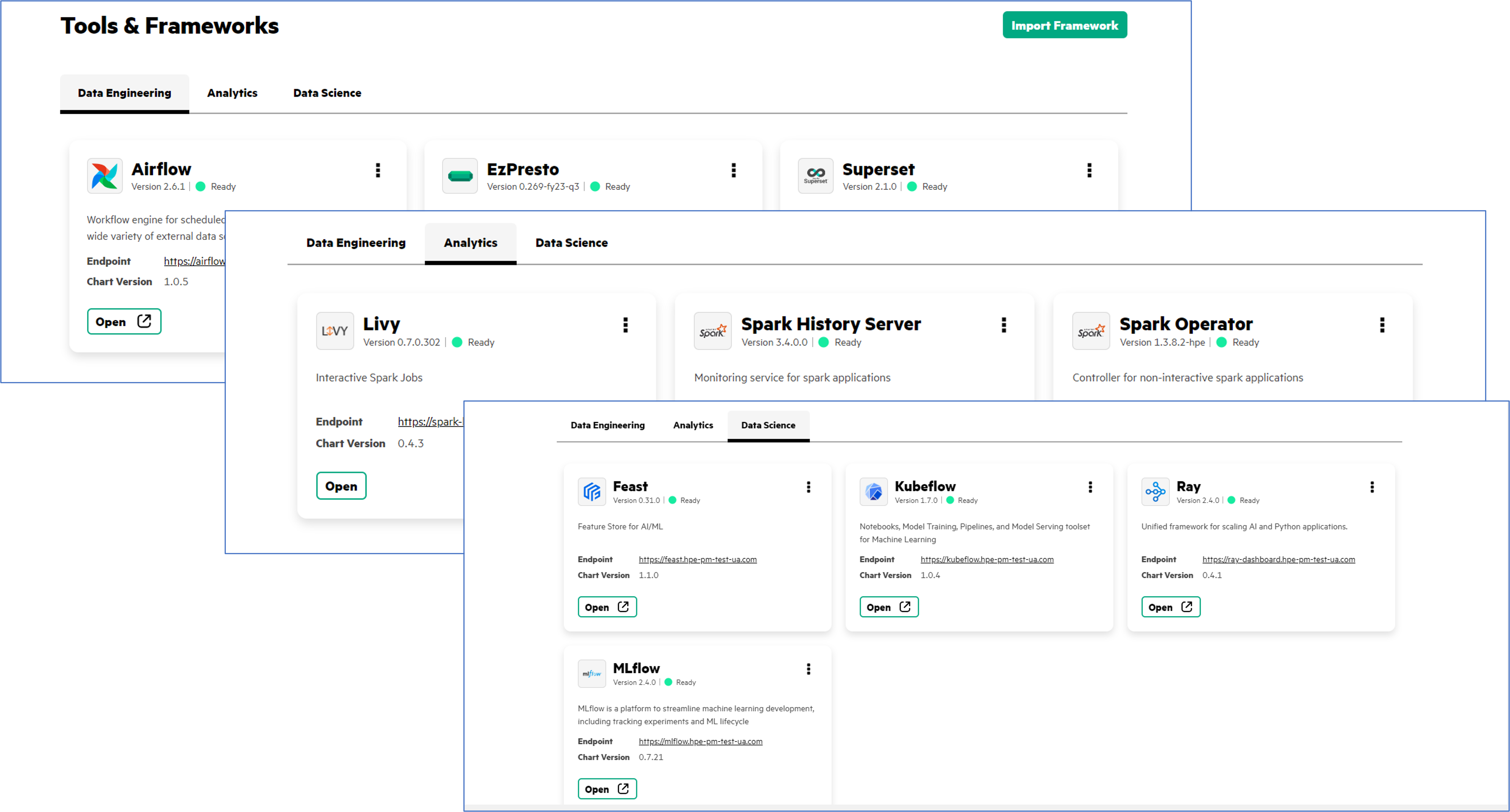 Figure 3. From the top, managed ecosystem for data engineering, analytics, and data scientists included in HPE Ezmeral Unified Analytics