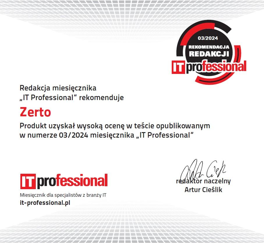 Certyfikat IT Professional dla Zerto Marzec 2024.JPG